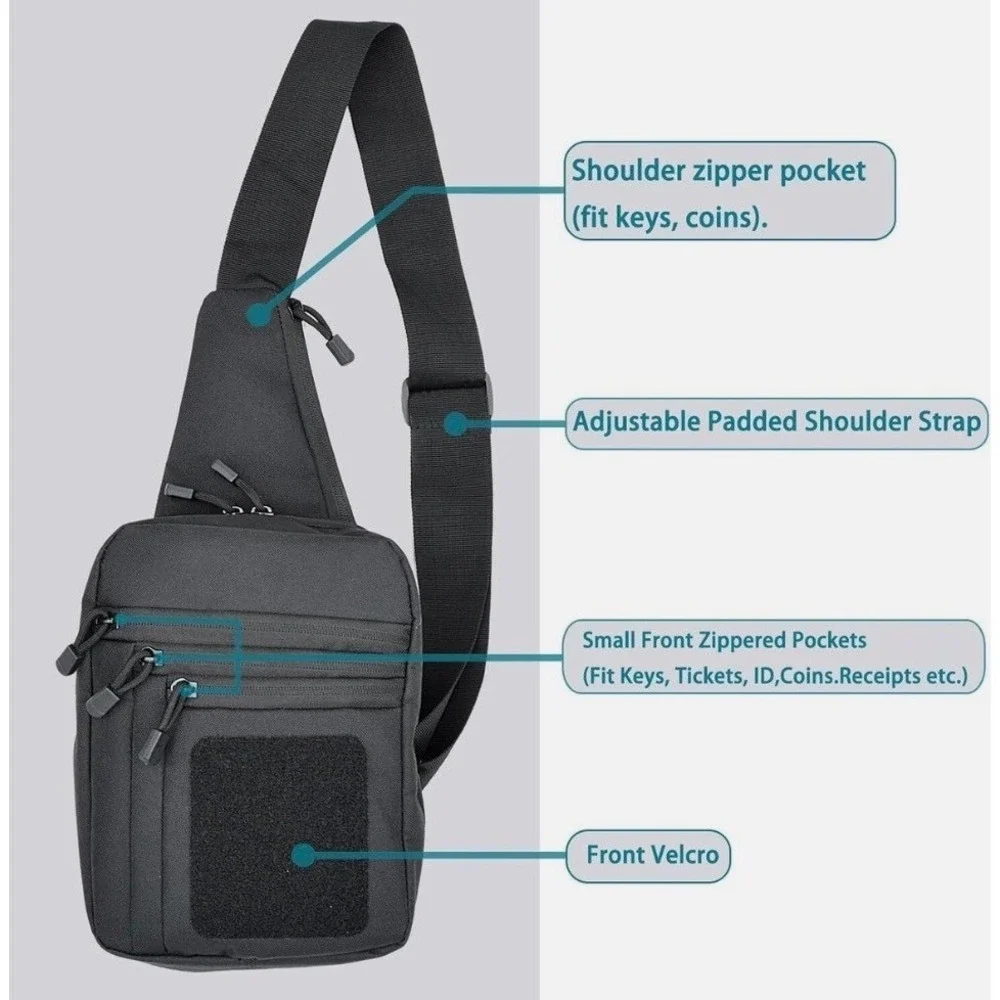 Tactical Sling Bag Black Crossbody Chest Pack with Holster and Patch Panel